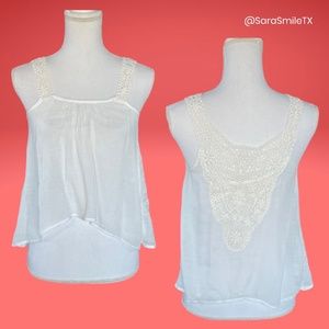 ANTHROPOLOGIE - E & M - Boho White Linen Crochet Back Swing Tank Top